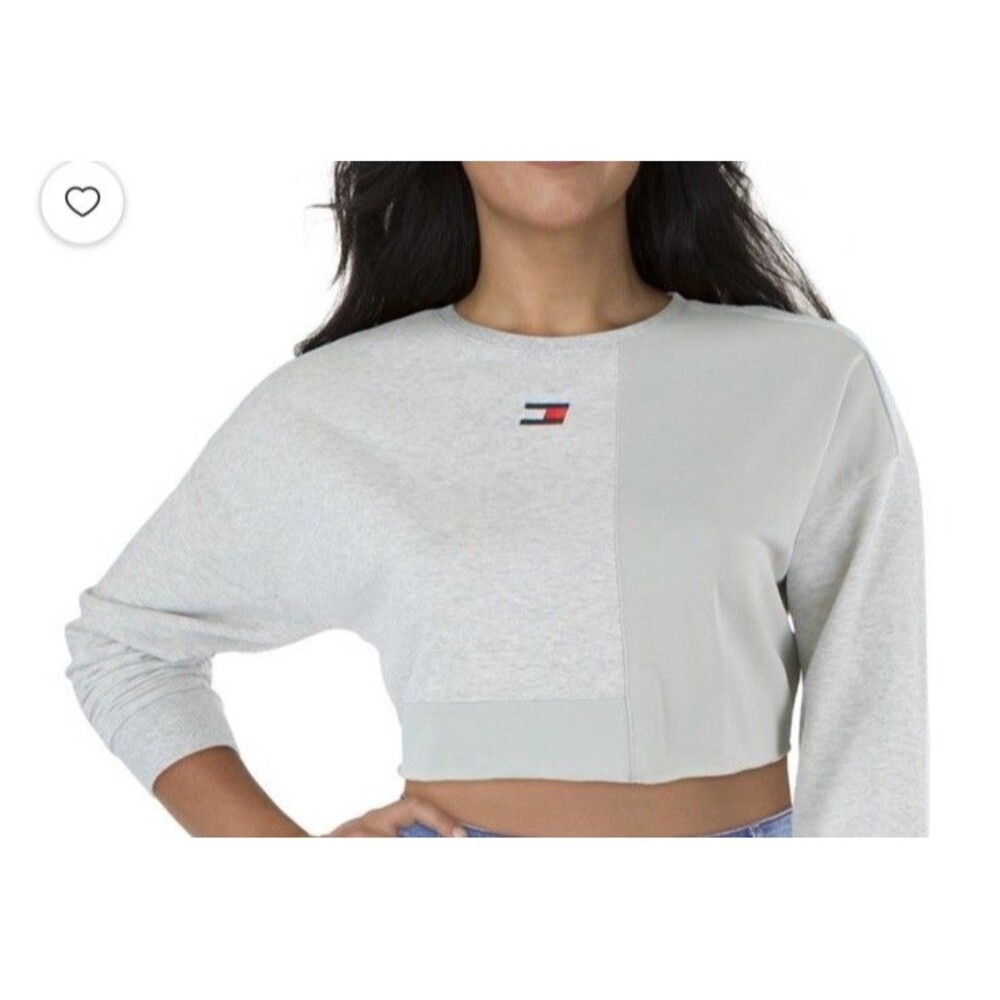 Tommy Hilfiger Womens XL Sporty Crop Top Sweatshirt Heather Gray Blocked Design